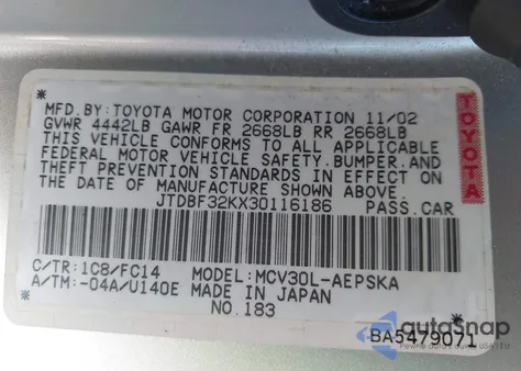 2003 Toyota Camry Se V6 from USA, damaged, VIN JTDBF32KX30116186